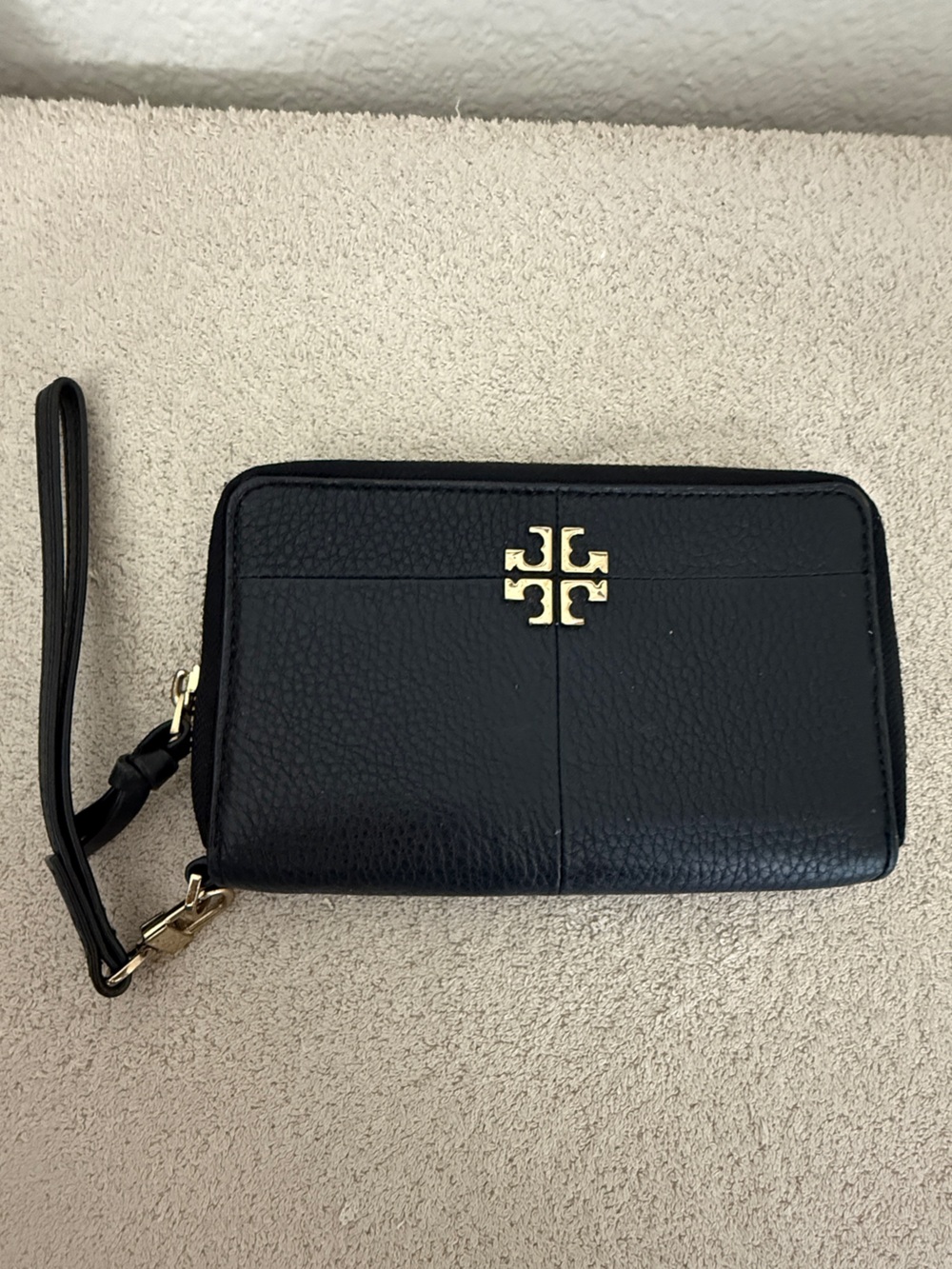 Tory Burch Black Leather Wristlet Phone Case with Gold Logo